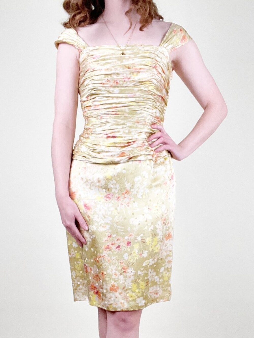 Vintage 60s 70s Mid Century Corset Silk Midi Dress Floral Print 1960's 1970's